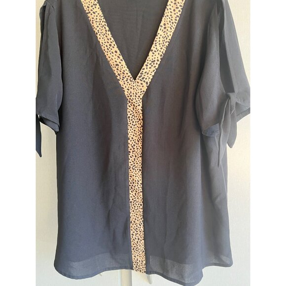 Shein Sheer Slit Tie Sleeve V Neck Leopard Print Chiffon Blouse Womens Size L - Picture 2 of 7